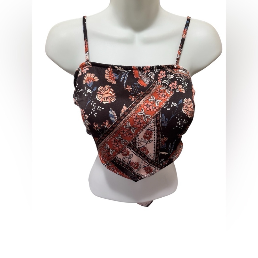 70’s Retro Inspired Silky Halter Top Floral Print Black Rose Gold Size S~M